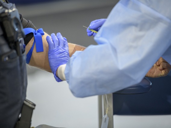A police officer prepares for the antibody test, consisting of a blood draw.
