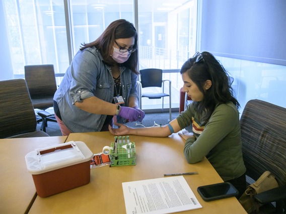 University of Arizona researcher Yvonne Castaneda draws blood from a test subject who has had COVID-19. This helps researchers to verify the accuracy of the antibody test, a key step conducted in April on the path to creating highly accurate tests.