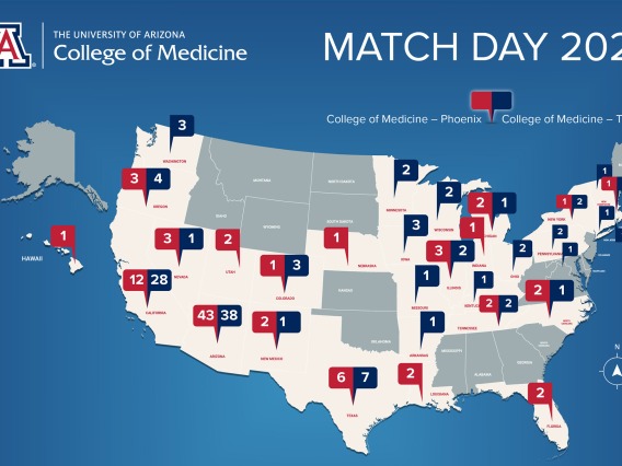 View Match Day placements for students at the University of Arizona Health Sciences Colleges of Medicine in Phoenix and Tucson.