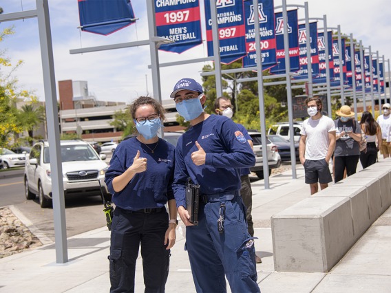 First responders gather outside the Cole and Jeannie Davis Sports Center in Tucson, April 30. First responders and health care workers were among the first to receive the COVID-19 antibody test.