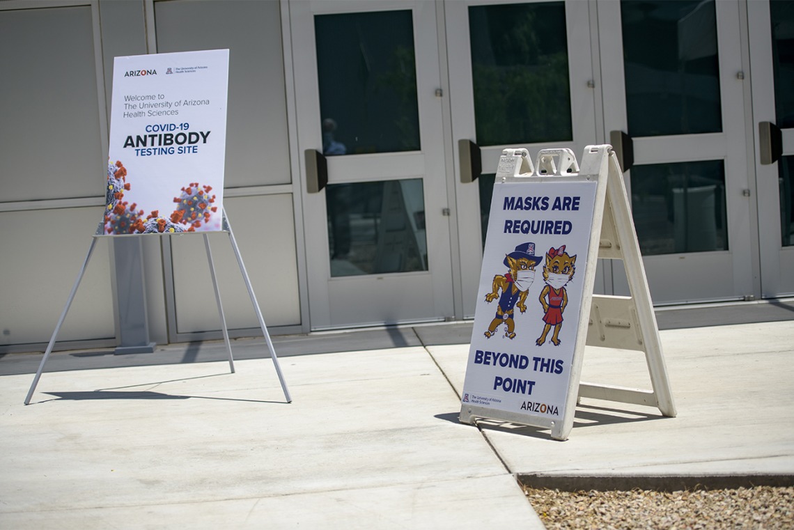 Signage welcoming first responders and the public as they arrive April 30 to take a COVID-19 antibody test at the Cole and Jeannie Davis Sports Center in Tucson.