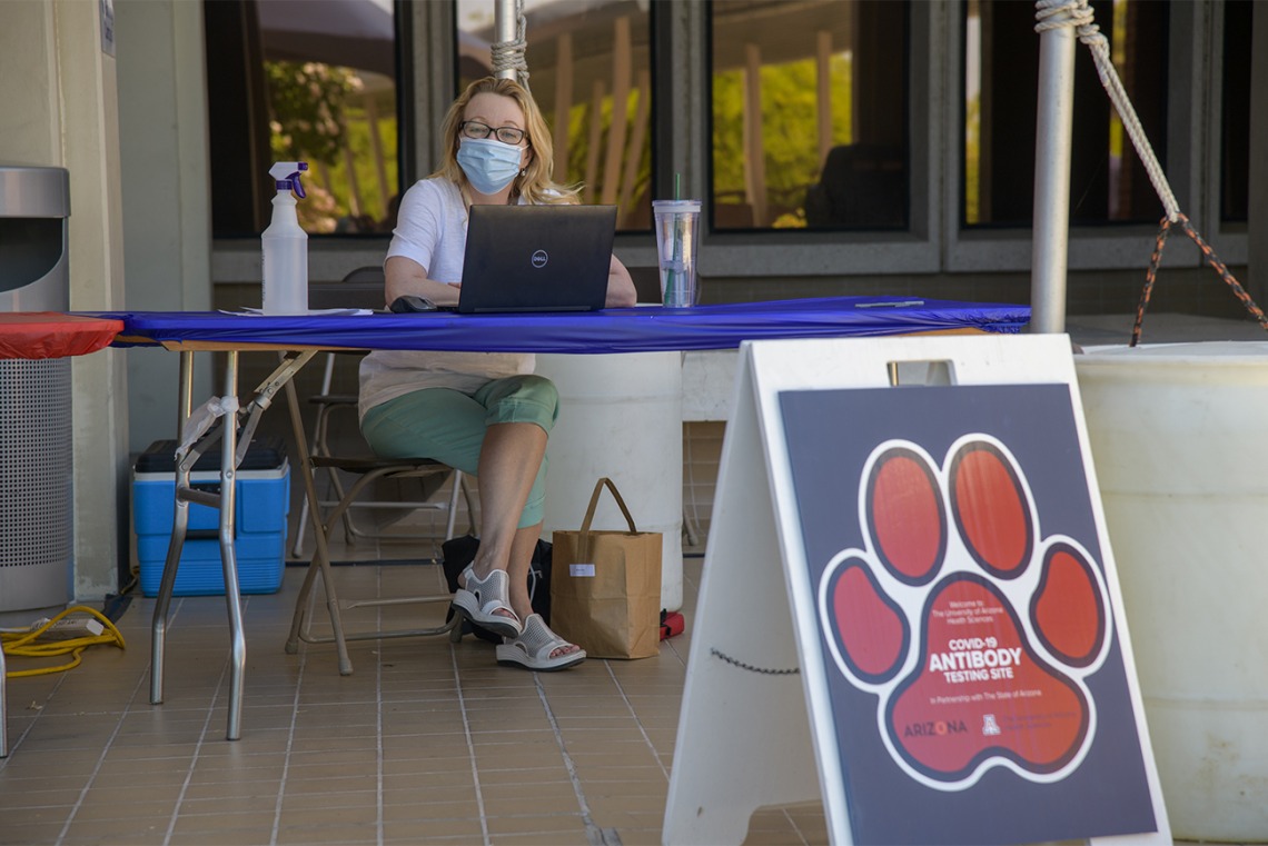 The public and first responders must check in outdoors as they arrive to receive the COVID-19 antibody test at the Clinical and Translational Sciences Research Center (CATS). The research facility is inside the College of Medicine – Tucson.