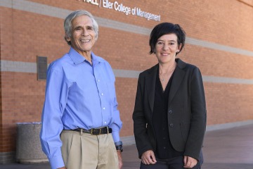 (From left) Phil Harber, MD, MPH, a professor in the Mel and Enid Zuckerman College of Public Health, and Gondy Leroy, PhD, a professor in the Eller College of Management, are collaborating on a study to improve text-to-speech machine learning for more effective communication between clinicians and patients.