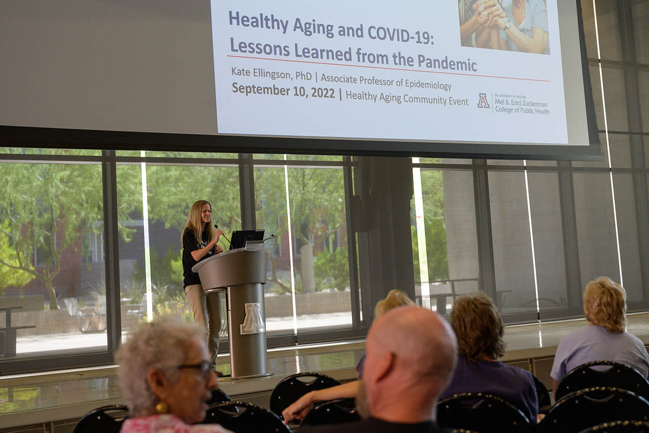 Kate Ellingson, PhD, MEZCOPH associate professor, speaks to Feast for Your Brain attendees about healthy aging and COVID-19.