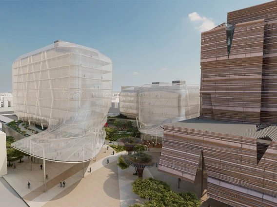 A rendering of the new Center for Advanced Molecular and Immunological Therapies at the Phoenix Bioscience Core. The current Bioscience Partnership Building is to the right.