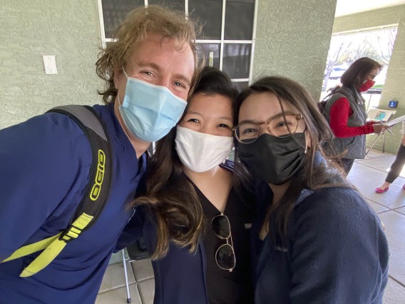 First-year College of Medicine – Phoenix classmates Colton Cowan, Bernice Alcanzo and Alexis Montoya celebrate a successful day volunteering with a pilot vaccine distribution program in a predominately Spanish-speaking area of metro Phoenix.