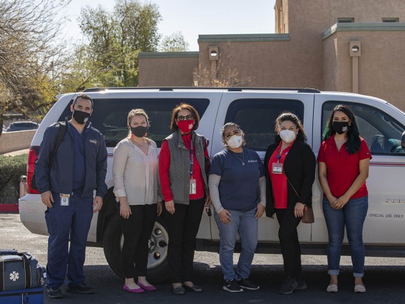The Mobile Health Unit’s Phoenix team from the Mel and Enid Zuckerman College of Public Health on Feb. 8 for the COVID-19 vaccine distribution pilot at El Mirage Senior Village. From left: Jeffery Hanna, Mackenzie Tewell (Maricopa County Department of Public Health liaison), Dr. Cecilia Rosales, Alma Ramirez, Maria Jaime and Maryell Martinez.