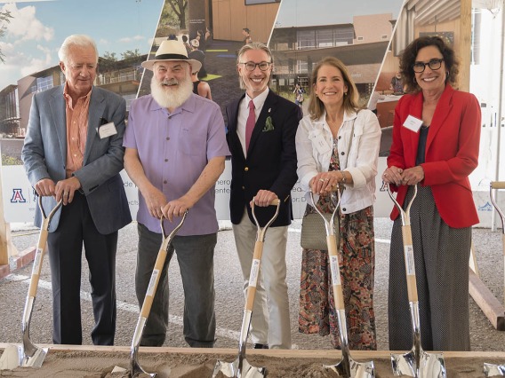 Several donors who contributed to the $23 million goal needed to build the new Andrew Weil Center for Integrative Medicine attended the groundbreaking ceremony. (From left) Humberto Lopez, president of HSL Properties; Andrew Weil, MD; Ryan Fisher, president, Iris and B. Gerald Cantor Foundation; Karen Malkin, Weil Center graduate and donor; and Helaine Levy, executive director of the Diamond Family Foundation.  