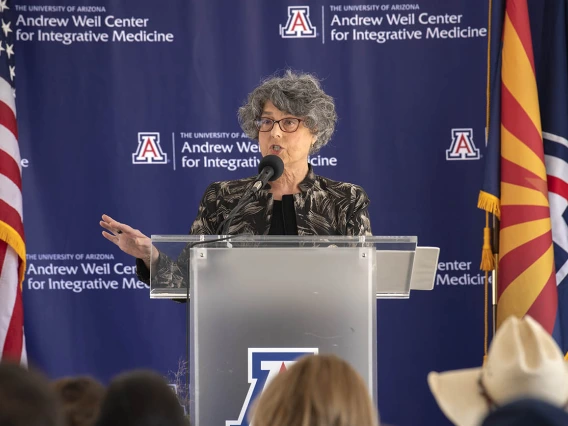 Esther Sternberg, MD, director of research at the Andrew Weil Center for Integrative Medicine, explains how the new facility will include three buildings surrounded by desert gardens and linked by a series of pathways. It was designed to embody the center's ethos of whole-person wellness and the principles of integrative health. Construction is scheduled to begin in May and be completed by fall 2023. 