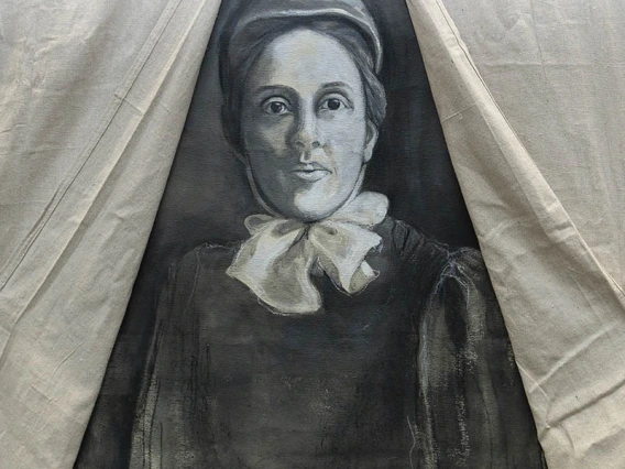 Lulu Clifton (1869-1959) — Lulu Clifton moved to Phoenix in the early 1900s from Nebraska because the dry climate was thought to be good for tuberculosis, which she had contracted. Like many who came to Arizona for this reason, Clifton lived in a tent because there were not enough facilities to house them all. After she recovered, she raised money to build a hospital, which grew and evolved over the decades becoming Banner – University Medical Center Phoenix. (Acrylics, charcoal and pastel on canvas and woo