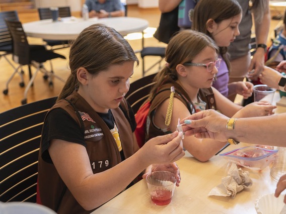 Young girls sit at an activity table with cups of liquid extracting DNA from strawberries.