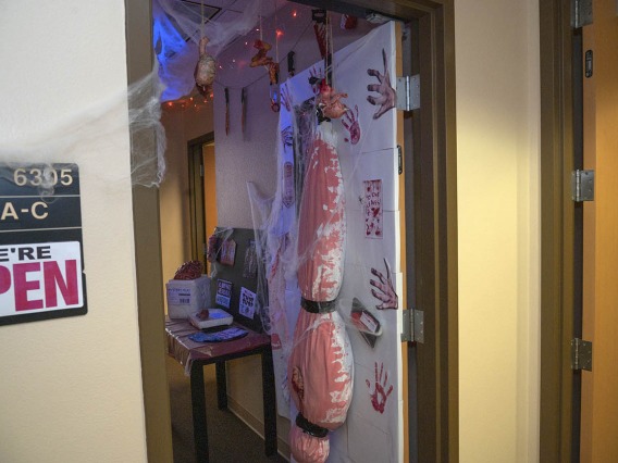 While it is called the Thomas D. Boyer Liver Institute, there is no lack of other organs adorning this door – not to mention the bloodied body bag hanging from the door. 