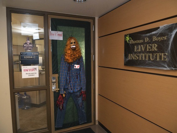 Visitors are welcome at the Thomas D. Boyer Liver Institute, but they may not want to enter after seeing the new doorman watching over things this Halloween.