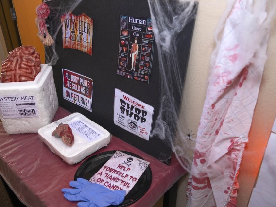 Visitors to the Thomas D. Boyer Liver Institute may lose their appetites after seeing this Halloween snack table with “Mystery Meat” and various other snack-sized body parts. 