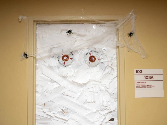 Is that the Abominable Snowman or a giant mummy peeking through this College of Nursing door? 
