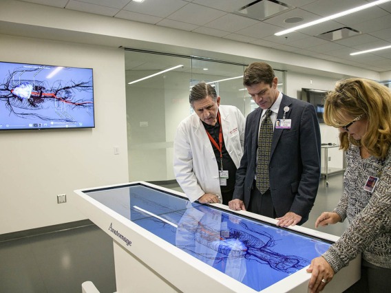 From left: Allan Hamilton, MD, FACS, executive director of ASTEC, Kevin Moynahan, MD, FACP, College of Medicine – Tucson deputy dean for education, and Deana Ann Smith, BS, BSN, RN, healthcare simulation educator, work on a life-size virtual dissection table. 