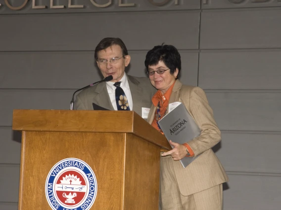 University of Arizona President Peter Likins, PhD, and Dean G. Marie Swanson, PhD, MPH, speak at the 2006 grand opening of Roy P. Drachman Hall.