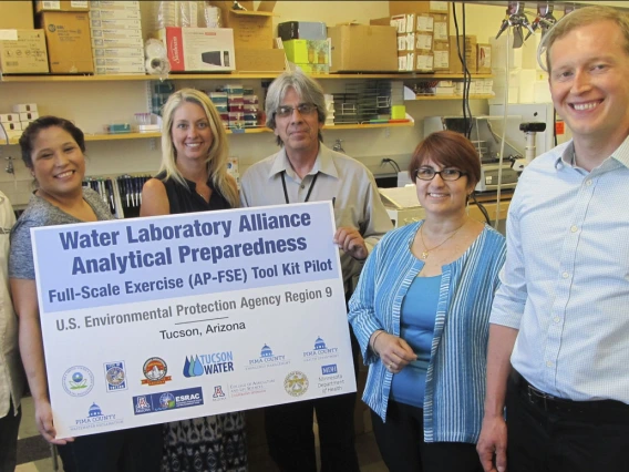The team at the Environment, Exposure Science and Risk Assessment Center help test new laboratory procedures during a simulated emergency water contamination scenario in June 2016.