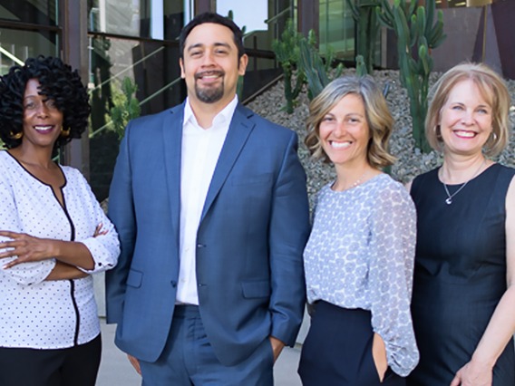 Members of the College of Medicine – Phoenix Office of Equity, Diversity and Inclusion team (from left): Sonji Muhammad, MA, director; Francisco Lucio, JD, associate dean; Cammy Bellis, MEd, education and training specialist; Julie Parrish, administrative associate