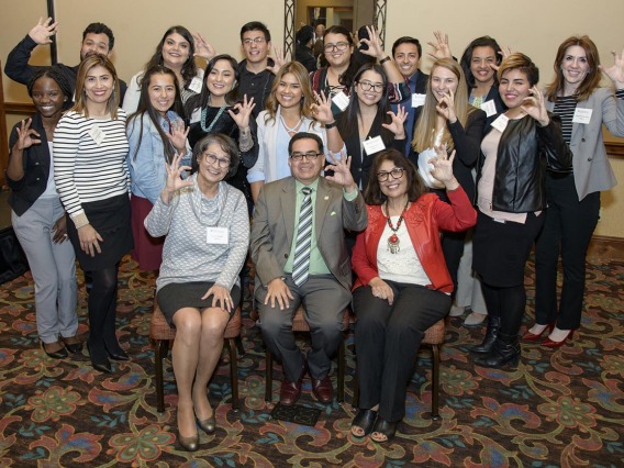2018 scholarship recipients pose with professor Cecilia Rosales, MD, David Adame, president and chief executive officer of Chicanos Por la Causa and Dean Iman Hakim, MD, PhD, MPH.