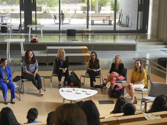 ACES campers participated in a panel discussion with Health Sciences and other faculty and staff, who talked about their career paths. Panelists from the left: Velia Lebyas-Nuno, PhD, MSW, Mel and Enid Zuckerman College of Public Health; Michelle Ortiz, PhD, College of Medicine – Tucson; Janine E. Hinton, PhD, MN, RN, CHSE, College of Nursing; Kate Worthing, PhD, College of Veterinary Medicine; Jenene Spencer, PharmD, College of Pharmacy; Zelieann R. Craig, PhD, BIO5 Institute.