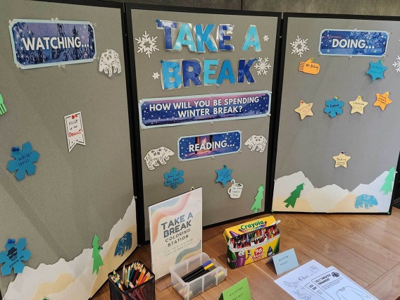 This “Take a Break” station is set up in the Health Sciences Education Building library in Phoenix. Students, faculty and staff are encouraged to write down and post what they plan to watch, read or do during the winter break. The station also offers winter-themed coloring sheets for passers-by to enjoy. 
