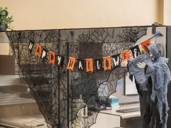 Black spider webs and an orange and black string of words say "Happy Halloween" along a cubicle wall. 