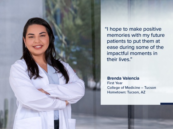 Portrait of Brenda Valencia, a young woman with long dark hair wearing a white medical coat, with a quote from Valencia on the image that reads, "I hope to make positive memories with my future patients to put them at ease during some of the impactful moments in their lives."