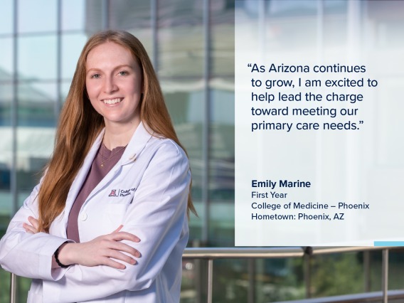 Portrait of Emily Marine, a young woman with long red hair wearing a white medical coat, with a quote from Marine on the image that reads, "As Arizona continues to grow, I am excited to help lead the charge toward meeting our primary care needs."