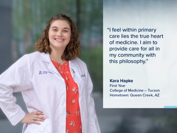 Portrait of Kara Hapke, a young woman with shoulder-length brown hair wearing a white medical coat, with a quote from Hapke on the image that reads, "I feel within primary care lies the true heart of medicine. I aim to provide care for all in my community with this philosophy."