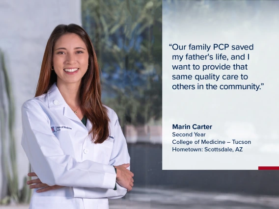 Portrait of Marin Carter, a young woman with long dark hair wearing a white medical coat, with a quote from Carter on the image that reads, "Our family PCP saved my father's life, and I want to provide that same quality care to others in the community."