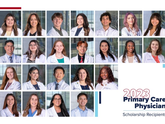 Graphic with 23 small portraits of medical students in their white coats with the text, "2023 Primary Care Physician Scholarship Recipients." 