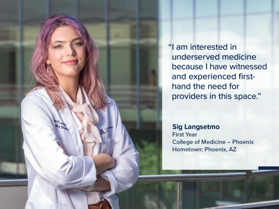 Portrait of Sig Langsetmo, a young woman with long purple and pink hair wearing a white medical coat, with a quote from Langsetmo on the image that reads, "I am interested in underserved medicine because I have witnessed and experienced first-hand the need for providers in this space."