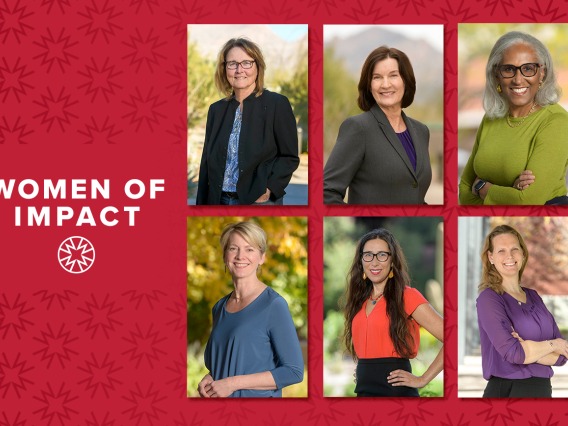 A rectangle image with six portraits of women with the words, "Women of Impact".