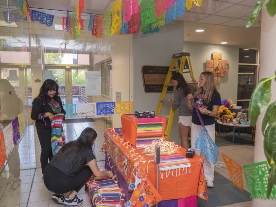 Four women work on setting up the Dia de los Muertos altar in the Health Sciences Library. They are hanging decorations using a ladder. 