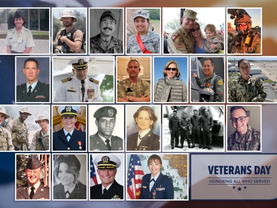 Poster with about two dozen photos of men and women in milatary uniforms, some old photos, with text on the poster that reads, "Veterans Day, honoring all who served."