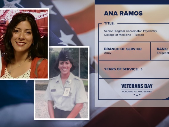 Poster with two photos of Ana Ramos, one current and one of her in uniform. Text on image has her name and this information: "Senior program coordinator, Psychiatry, College of Medicine – Tucson. Branch of Service: Army; Rank: Sergeant; years of Service: 6."