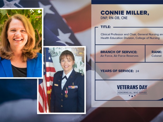Poster with two photos of Connie Miller, one current and one of her in uniform. Text on image has her name and this information: "Clinical professor and chair, General Nursing and Health Education Division, College of Nursing. Branch of Service: Air Force, Air Forcee Reserves; Rank: Colonel; years of Service: 24."