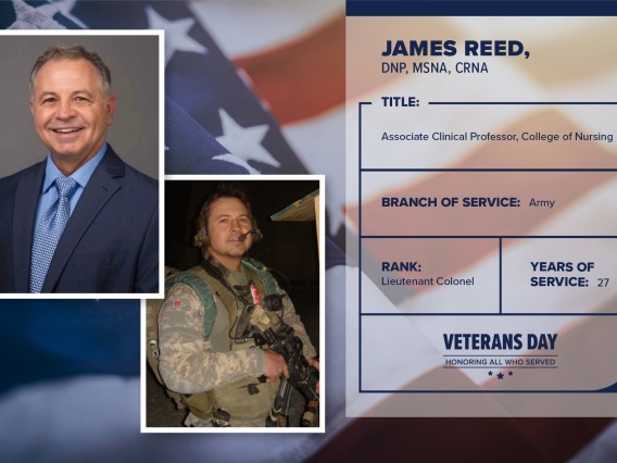Poster with two photos of James Reed, one current and one of him in uniform. Text on image has his name and this information: "Associate clinical professor, College of Nursing. Branch of Service: Army; Rank: Lieutenant Colonel; years of Service: 27."