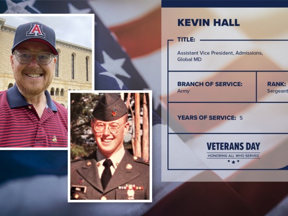 Poster with two photos of Kevin Hall, one current and one of him in uniform. Text on image has his name and this information: "Assistant vice president of admissions, Global MD. Branch of Service: Army; Rank: Sergeant; years of Service: 5."