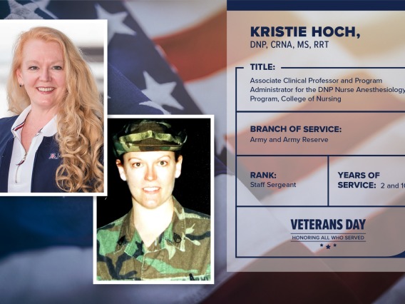 Poster with two photos of Kristie Hoch, one current and one of her in uniform. Text on image has her name and this information: "Associate clinical professor and program administrator for the DNP Nurse Anesthesiology Program. Branch of Service: Army and Army Reserves; Rank: Staff sergeant; years of Service: 2 and 10."