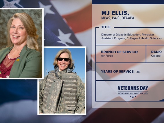 Poster with two photos of MJ Ellis, one current and one of her in uniform. Text on image has her name and this information: "Director of didactic education, Physician Assistant Program, College of Health Sciences. Branch of Service: Air Force; Rank: Colonel; years of Service: 36."