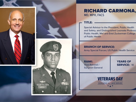 Poster with two photos of Richard Carmona, one current and one of him in uniform. Text on image has his name and this information: "Special advisor to the president, Public Health and Safety, and Distinguished Laureate Professor, Public Health, Mel and Enid Zuckerman College of Public Health. Branch of Service: Army Special Forces and U.S. Public Health service; Rank: Vice Admiral and Surgeion General; years of Service: 10."