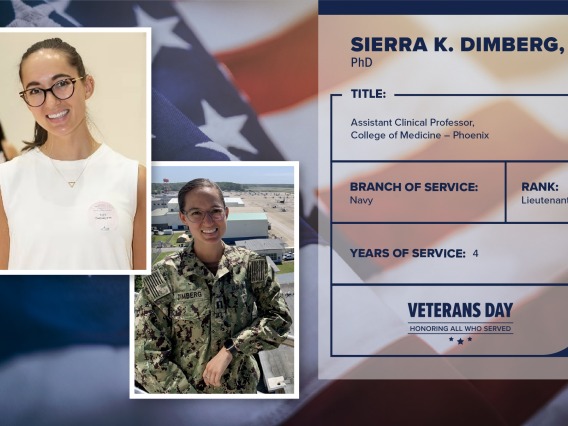Poster with two photos of Sierr K. Dimberg, one current and one of her in uniform. Text on image has her name and this information: "Assistant clinical professor, College of Medicine – Phoenix. Branch of Service: Navy; Rank: Lieutenant; years of Service: 4."