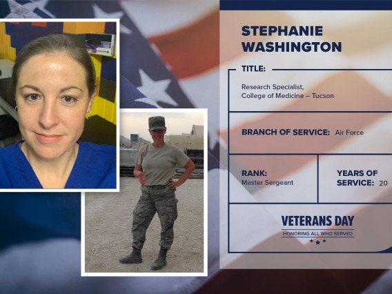 Poster with two photos of Stephanie Washington, one current and one of her in uniform. Text on image has her name and this information: "Research specialist, College of Medicine  Tucson. Branch of Service: Air Force; Rank: Master Sergeant; years of Service: 20."