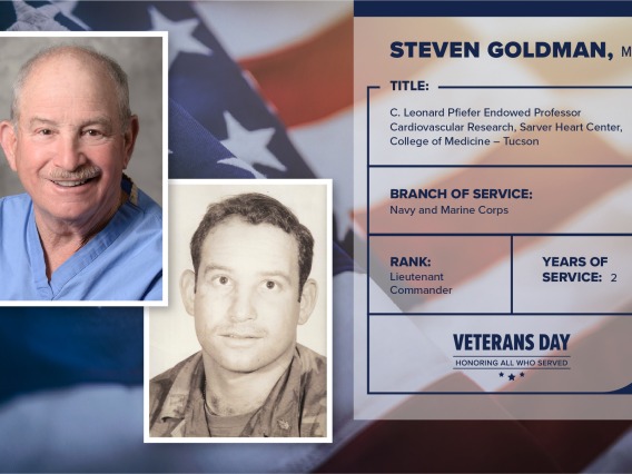 Poster with two photos of Steven Goldman, one current and one of him in uniform. Text on image has his name and this information: "C. Leonard Pfiefer Endowed Professor, Cardiovascular research, Sarver Heart Center, College of Medicine – Tucson. Branch of Service: Navy and Marine Corps; Rank: Lieutenant Commander; years of Service: 2."
