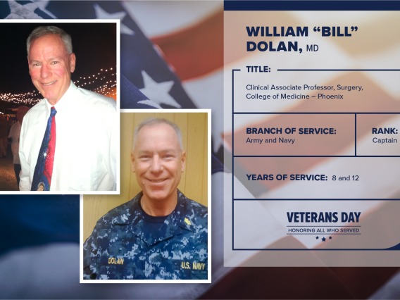 Poster with two photos of William "Bill" Dolan, one current and one of him in uniform. Text on image has his name and this information: "Clinical associate professor, surgery, College of Medicine – Phoenix. Branch of Service: Army and Navy; Rank: Captain; years of Service: 8 and 12."