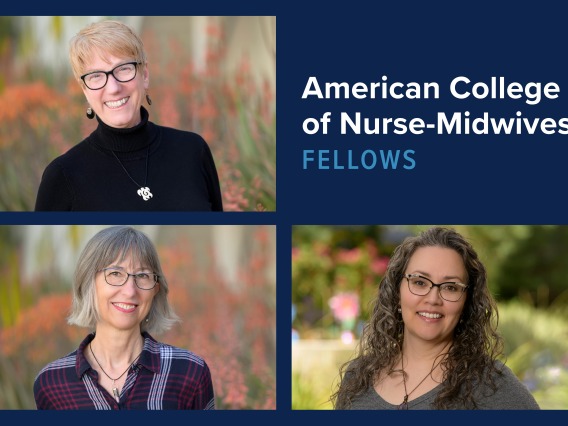 Portraits of Shelley McGrew (top left), Aleeca Bell (bottom left) and Marianna Holland (bottom right) with the text American College of Nurse-Midwives Fellows.