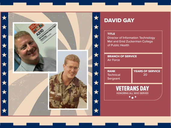 Poster with two photos of David Gay, one current and one of him in uniform. Text on image has his name and this information: "Director of Information Technology Mel and Enid Zuckerman College of Public Health. Branch of Service: Air Force; Rank: Technical Sergeant; Years of Service: 20."