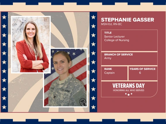 Poster with two photos of Stephanie Gasser, MSN-Ed, RN-BC, one current and one of her in uniform. Text on image has her name and this information: "Senior Lecturer College of Nursing. Branch of Service: Army; Rank: Captain; Years of Service: 6."